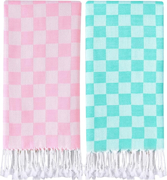 Antfuny 2 Packs Checkered Plaid Travel Towel Turkish Towel Beach Blanket Quick Dry Lightweight Hawaii Summer Vacation Necessities Europe Costa Rica Florida Trip Essentials Airplane Accessories Flight