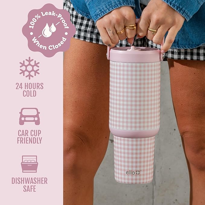 Ello Oasis Go+ 32oz Tumbler with Top Handle and Retracting Straw | Reusable Insulated Stainless Steel Cup, 100% Leakproof Water Bottle, 24 Hours Cold, Cup Holder Friendly For Travel | Pink Gingham