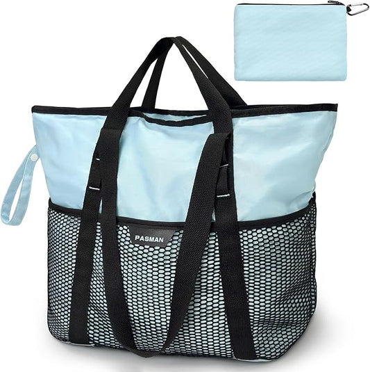 Large Beach Bag with Zipper-8 Pockets Sandproof Beach Tote Bag for Women,Foldable Lightweight Family Swim Bag Vacation