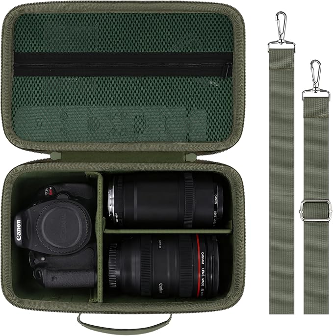 Camera Case Compatible with Canon EOS Rebel T7 / T100 / R50 / R100 / R5 / R6 Mark II DSLR Camera with 18-55mm Lens,Sony,Nikon DSLR Camera Protective Case with Shoulder Strap (Army Green Case)
