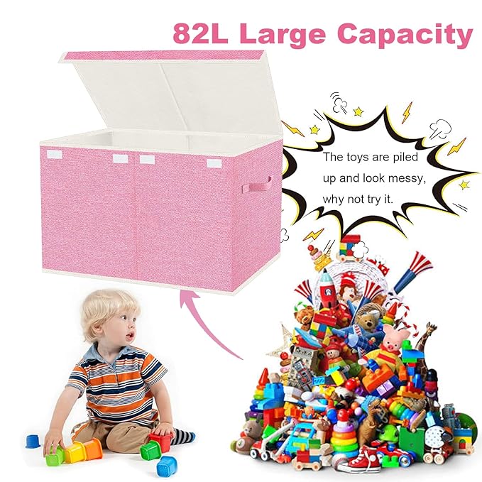 VERONLY Large Collapsible Toy Storage Box with Lid & Handles - Kids Organizer Chest for Toys, Clothes, Blankets (Pink, Nursery, Playroom, Bedroom)-24.5''×13''×16''