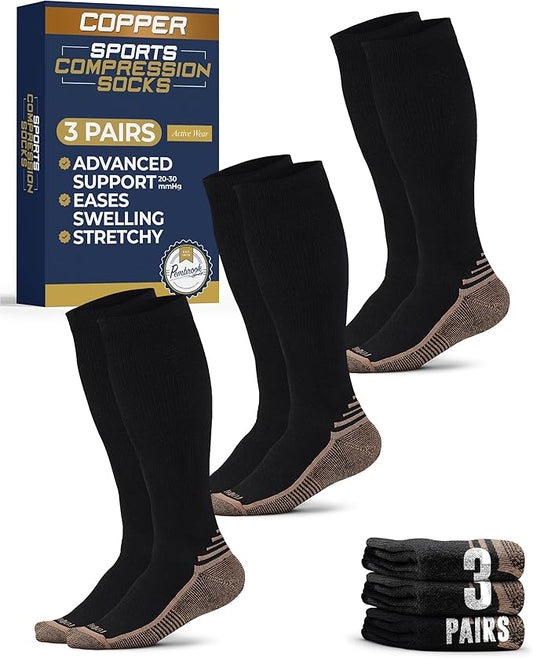 Pembrook 3 Pairs Copper Mens Compression Socks 20-30 mmHg, Running, Hiking, Athletic Cycling, Travel | Circulation Support