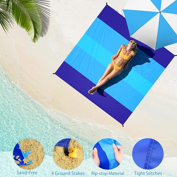 BYDOLL Beach Blanket 78''×81'' 4-7 Adults Oversized Lightweight Waterproof Sandproof Beach Blanket Large Picnic Mat for Travel Camping Hiking Picnic(78" X 81", Blue-Mixed)