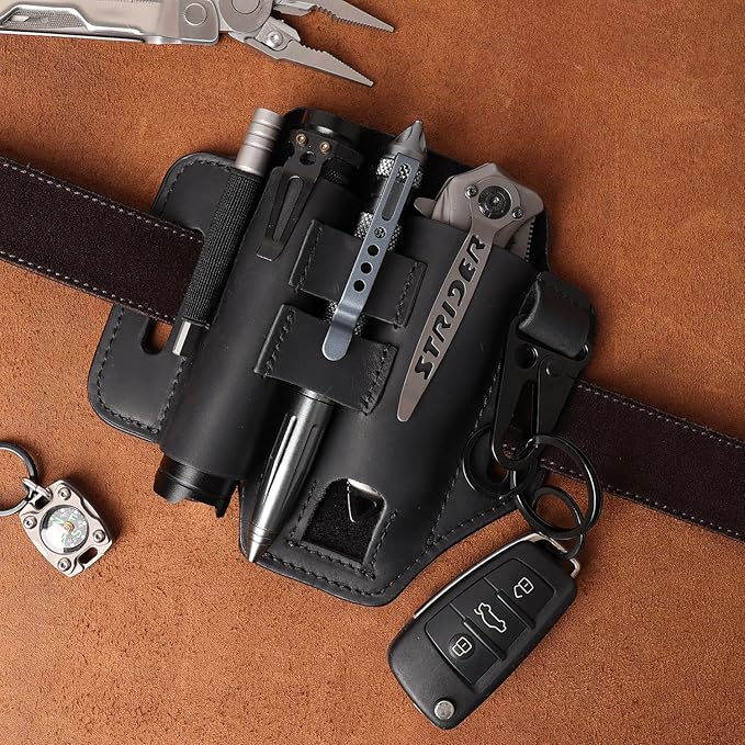 Gentlestache Multitool Leather Sheath for Belt, EDC Organizer, Multitool Pouch,Leather EDC Sheath with Elastic Band Pen Holder, Flashlight Holder and Keychain Clip, Practical Belt Pouch for EDC Gears