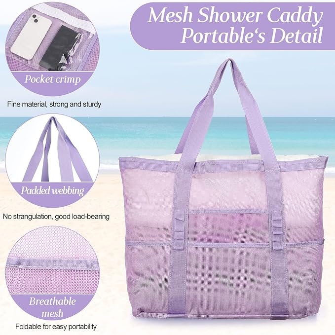 Hillban Large Beach Mesh Bags Bulk for Women Beach Tote Bag with 8 Pocket Zipper Waterproof Sandproof for Pool Cruise Ship