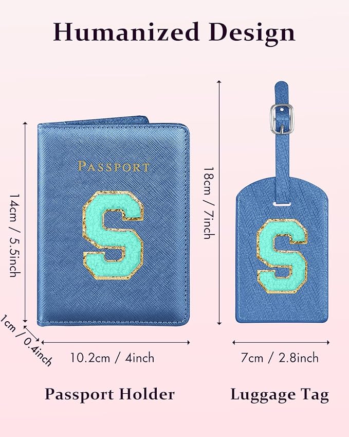 Slohif Passport Holder Initial Lugguage Tag Set Suitcase Cover Wallet Case for Travel Women - Leather Letter Passport Book Personalized Organizer Card Protector Sleeve Essentials Slim Carrier Blue S