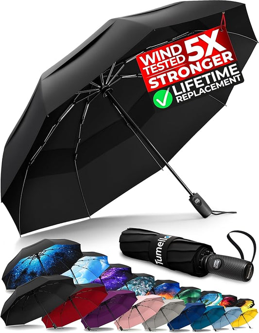TUMELLA Strongest Windproof Travel Umbrella (Compact, Superior & Beautiful), Small, Wind-Tested, Light & Portable, Automatic Folding Rain Umbrella, Durable Premium Grip, Fits Car and Backpack