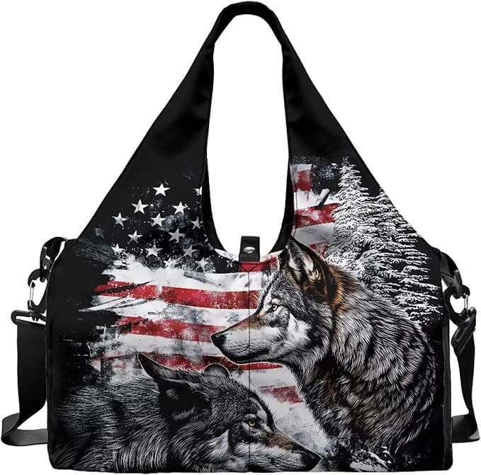 American Flag Wolf Sports Duffel Bag for Men Portable Lightweight Gym Bag with Shoe Compartment and Yoga Mats Holder Zipper Pockets Fitness Stylish Workout Bag for Gym Travel Weekender