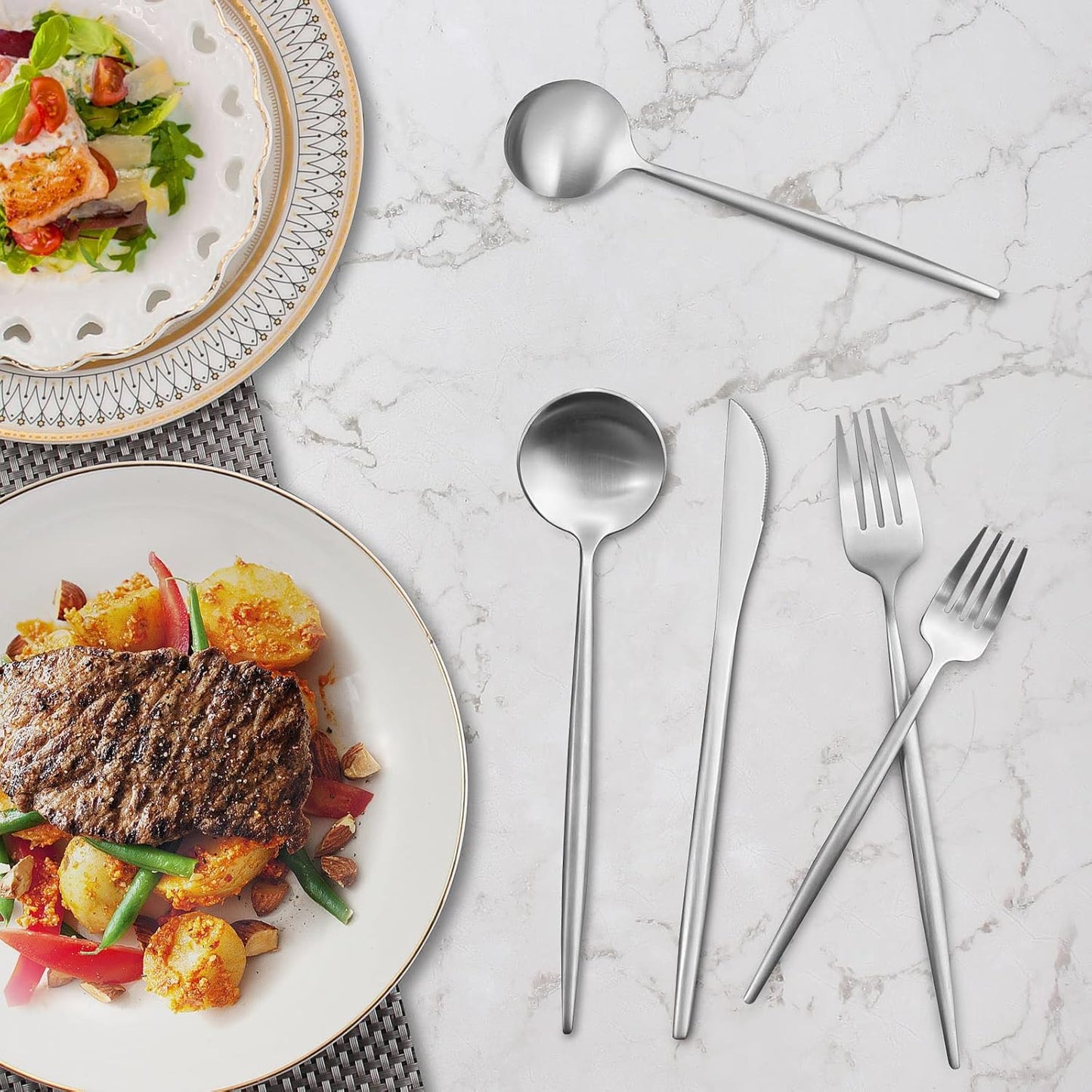 60-Piece Silverware Set, IBIILII JEFF Stainless Steel Flatware Set，Kitchen Utensil Set, Tableware Cutlery Set, Service for 12, Satin Finished Polished & Dishwasher Safe