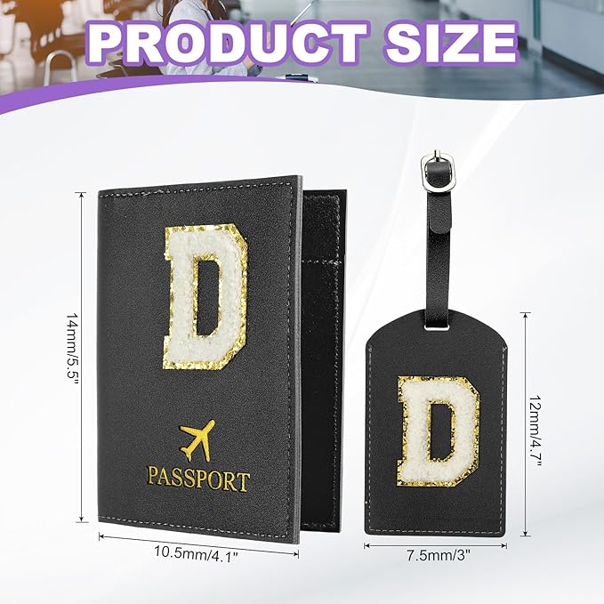 PATIKIL Passport Holder for Travel, Initial Passport Cover and Luggage Tag Set with Alphabet Chenille Letter Patch Travel Wallet Bag Suitcase Identifier for Women Family Travel Black D