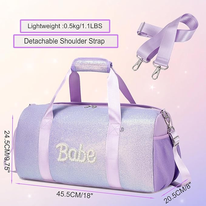 Cute Dance Bag for Girls Ballet Bag Shiny Glitter Sports Duffle Bags Gym Travel Bag with Shoes Compartment(Purple)