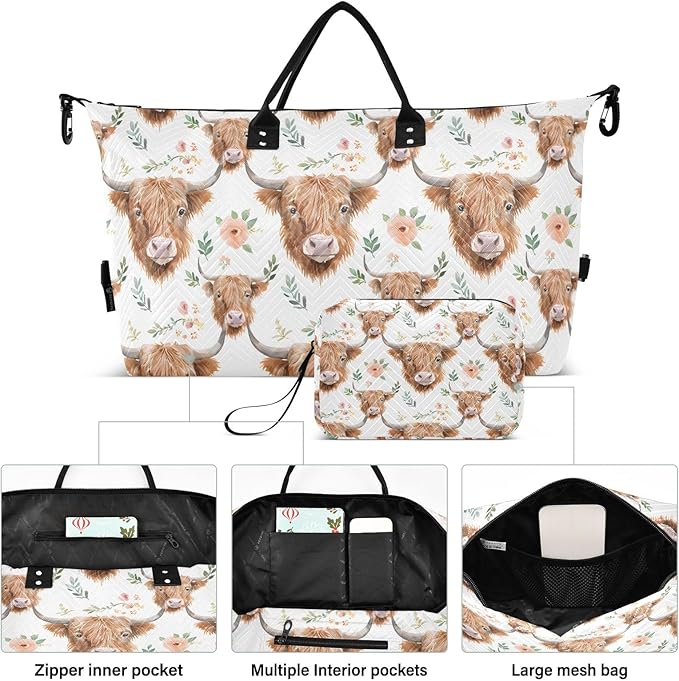 Watercolor Floral Highland Cows Pattern Travel Duffle Bag Gym Yoga Carry on Bags for Men Women Weekender Bag