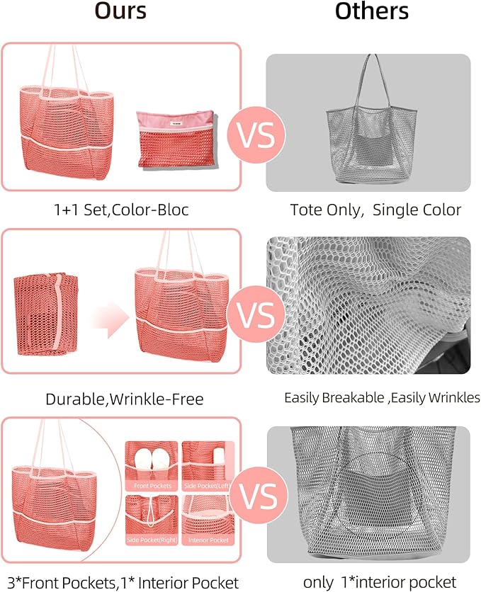 Mesh Beach Tote Bag Packable,2026 New 2-in-1 Large Lightweight Foldable Beach Bags with Multiple Pockets for Women