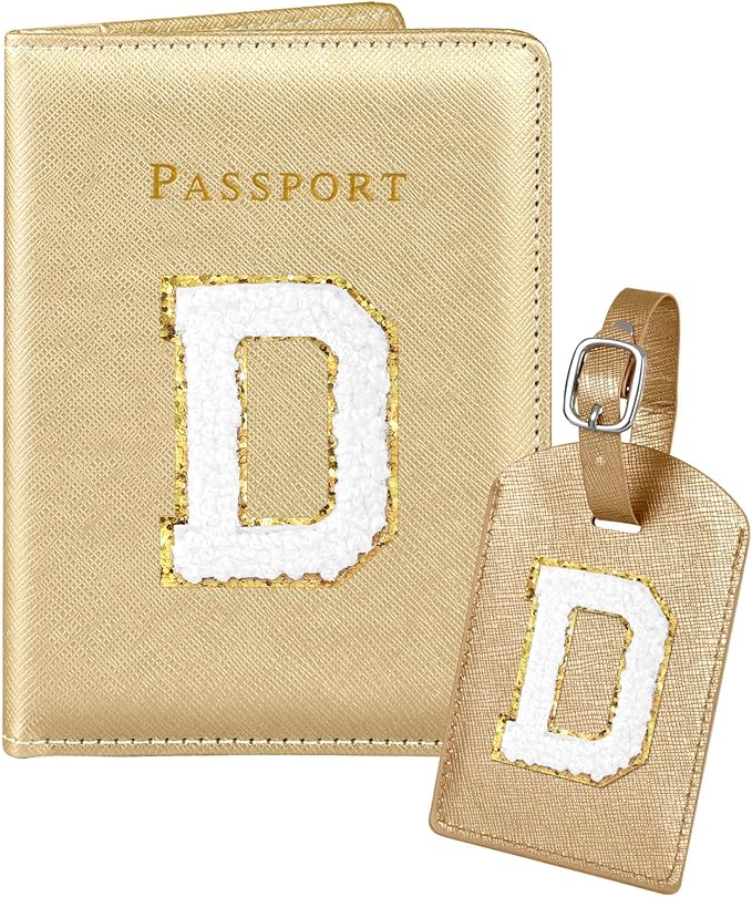 Slohif Passport Holder Initial Lugguage Tag Set Suitcase Cover Wallet Case for Travel Women - Leather Letter Passport Book Personalized Organizer Card Protector Sleeve Essentials Slim Carrier Gold D