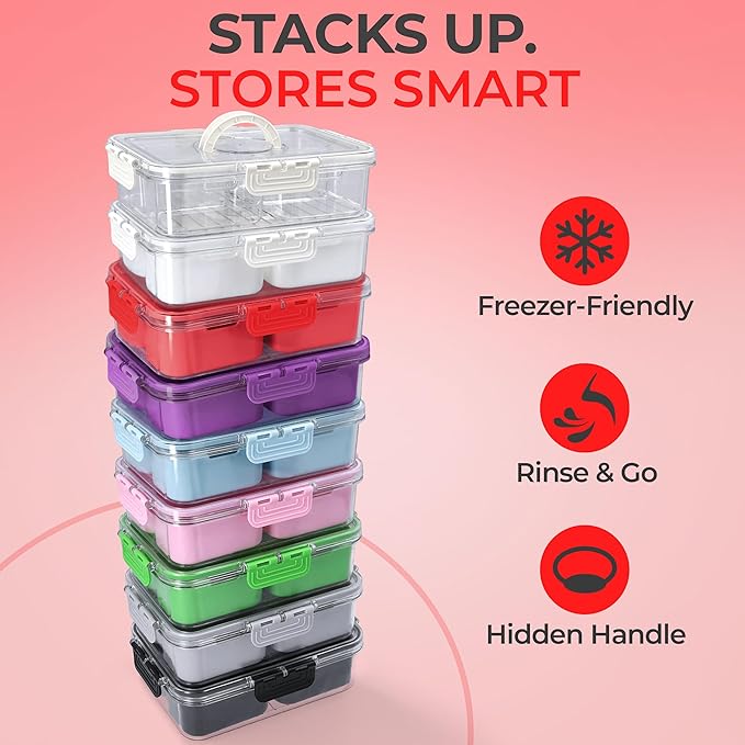 Snackle Box Container with Lid- Travel Charcuterie Box with Handle - Organizer for Candy, Fruit, Nuts, Veggies, Snacks, Beach Essentials, Portable Lunch Box (Red, Small)