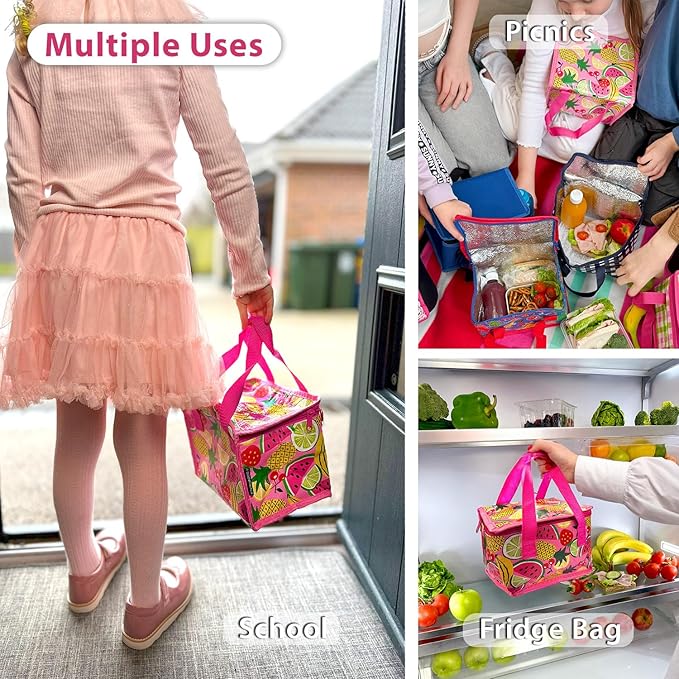 Fashion Stationery Insulated Lunch Bag Kids Lunch Box Folding Reusable Lunchbags for Girls or Boys Lunch Box for School, Beach or Travel Small Cooler or Picnic Coolers (Pink)
