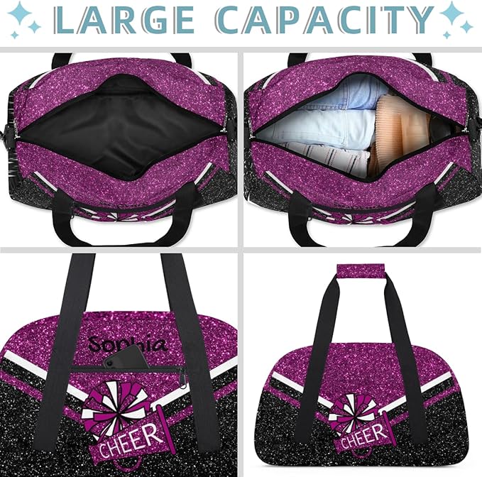 Personalized Glitter Pink Purple Cheer Bag for Cheerleaders, Custom Sport Gym Bag Dance Bag Travel Duffle Bag Cheerleading Gifts for Women