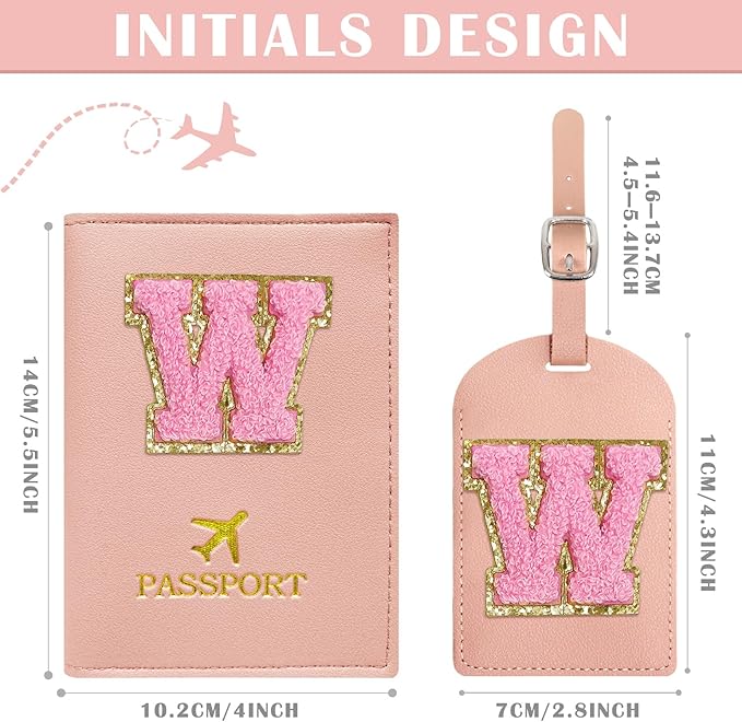 COSHAYSOO Initial Passport Cover Luggage Tag Set Letter Passport Holder Airplane Cruise Travel Essentials Vacation Traveling Accessories Personalized Gifts for Women Teen College Girls Pink W