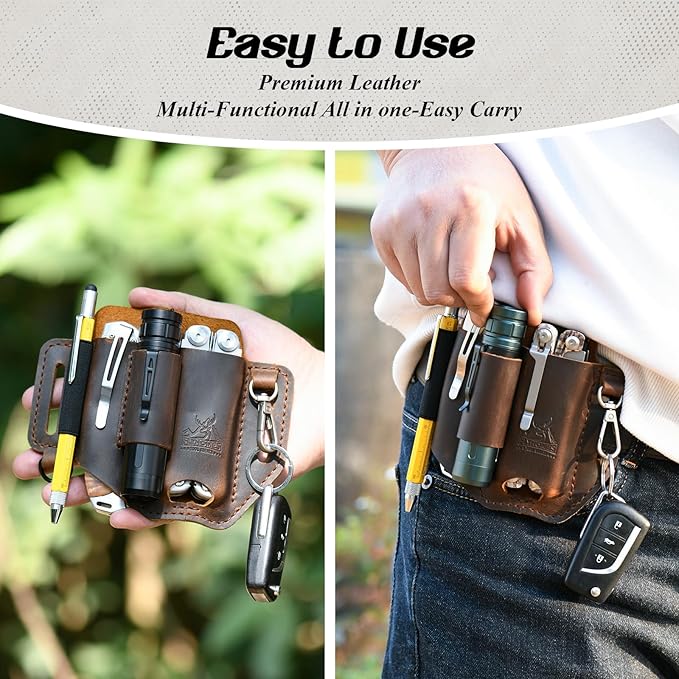 FLYHOMES Premium Full-Grain Genuine Cowhide Leather Multitool Sheath | Handmade Stitched Belt Organizer for Leatherman, Flashlight, Pen & EDC Tools | Multi-Tool Holster Pouch with Keychain Clip