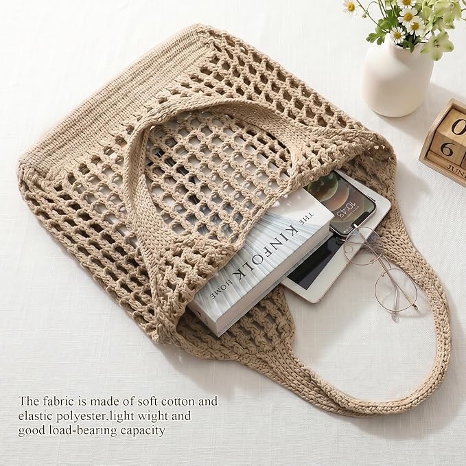 SUOSDEY Crochet Mesh Beach Tote Bag, Knit Summer Vacation Aesthetic Boho Tote Bag for Women