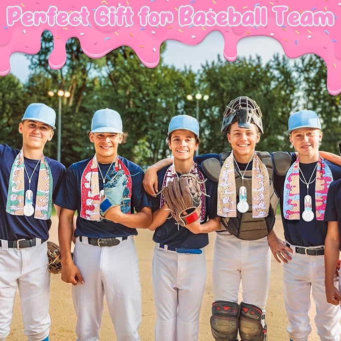 24 Pcs Sport Gifts, Includes 12 Pcs Cooling Towels 40"x12" Workout Towels, 12 Portable Fan Mini Handheld Fan for Team Gift Sport Party Favors, Battery Not Include (Baseball Ice Cream,Colorful)