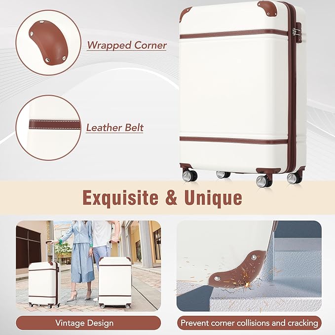 Merax 28 Inch Checked Luggage, Expandable Suitcase with Spinner Wheels, Hard Shell Vintage Luggage Set with TSA Lock(White)