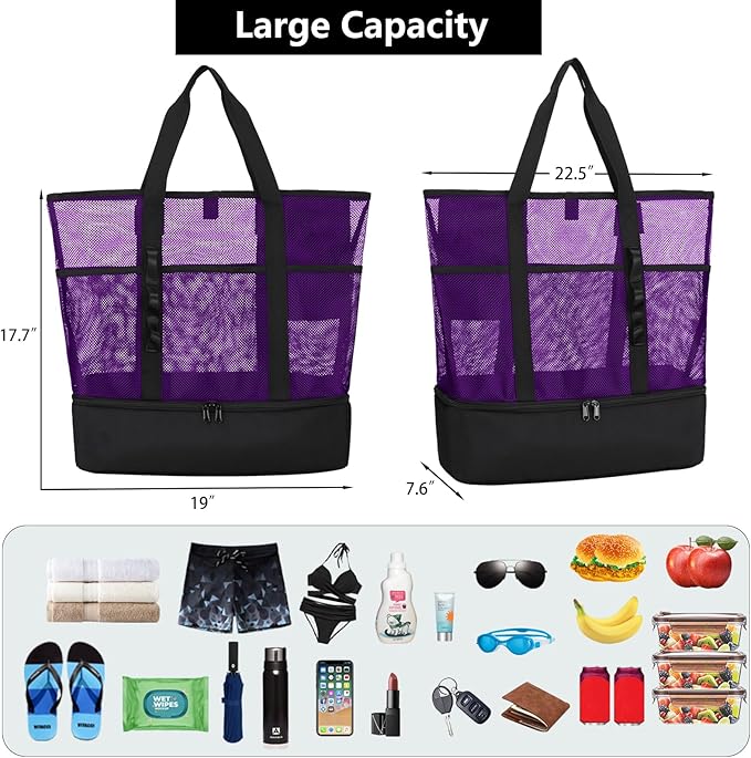 Beach Bag with Cooler,Mesh Beach Bags for Women Sandproof for Pool and Swimming Travel Daily with Durable 8 Pocket