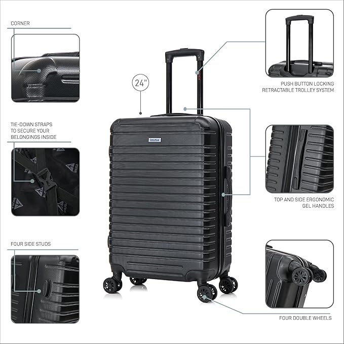InUSA DEEP Luggage with GEL Handle | Spacious Traveling Suitcases, Travel Suitcase with Dual Spinner Wheels and Studs | 24 Inch Medium Hardside Luggage | Black