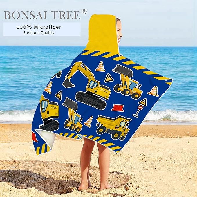 Kids Beach Towel With Hood - Excavators Vehicles Engineering Theme for Boys Girls, Microfiber Soft Bath Poncho Bathrobe Wrap Robe for Swim Pool - Cool Children's Gift