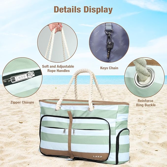 Beach Bag for Women - 35L Large Tote Bag, Waterproof & Sandproof, Zippered Carry On Bag for Pool, Beach & Travel