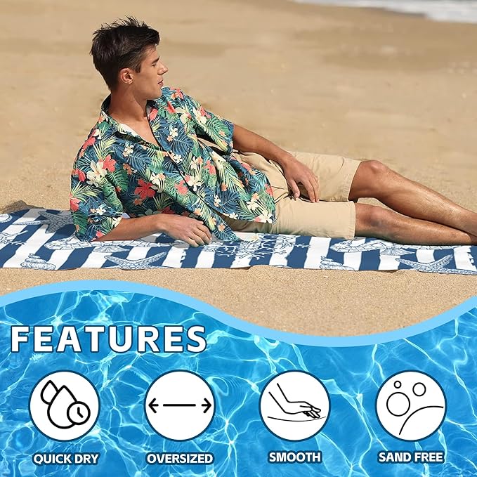 Starfish Microfiber Beach Towels,Underwater Starfish Seahorse with Coral on Stripes Oversized Absorbent Bath Towels,Soft Quick Dry Thin Camping Towel for Adults Women Men,29.5"×59"