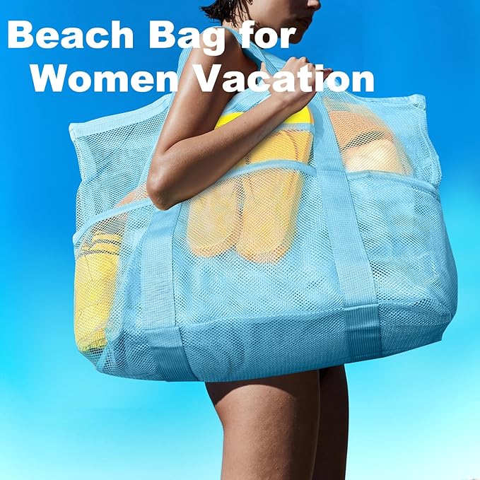 Mesh Beach Bag,Large Beach Bags for Women with 8 Pockets,Packable Tote Bag for Beach Cruise Pool Vacation Essentials
