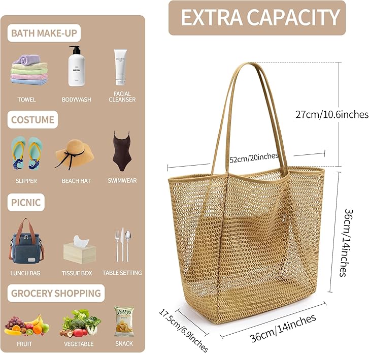 VOROLO Mesh Tote Beach Bag,Women Fairycore Hobo Bag,Shoulder Bag,Soft Summer Casual Crochet Bags