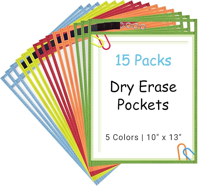 Ndsox 15 Packs Oversized Dry Erase Pockets Reusable Plastic Sleeves, 5 Colors Shop Ticket Holders & Sheet Protectors Document Sleeves for Teachers, Classroom Organization, School Supplies Must Have