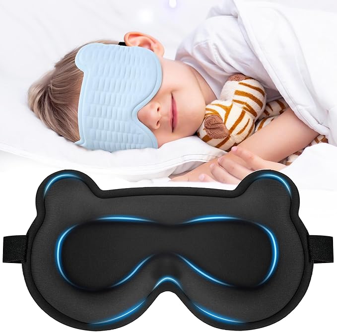 Kids Sleep Mask, 3D Sleeping Eye Mask for Kids with Adjustable Elastic Strap, Bear Shape Eye Cover with Memory Foam, Soft & Light-Blocking, Gift for Boys Girls Teens Age 5–15 (Blue)