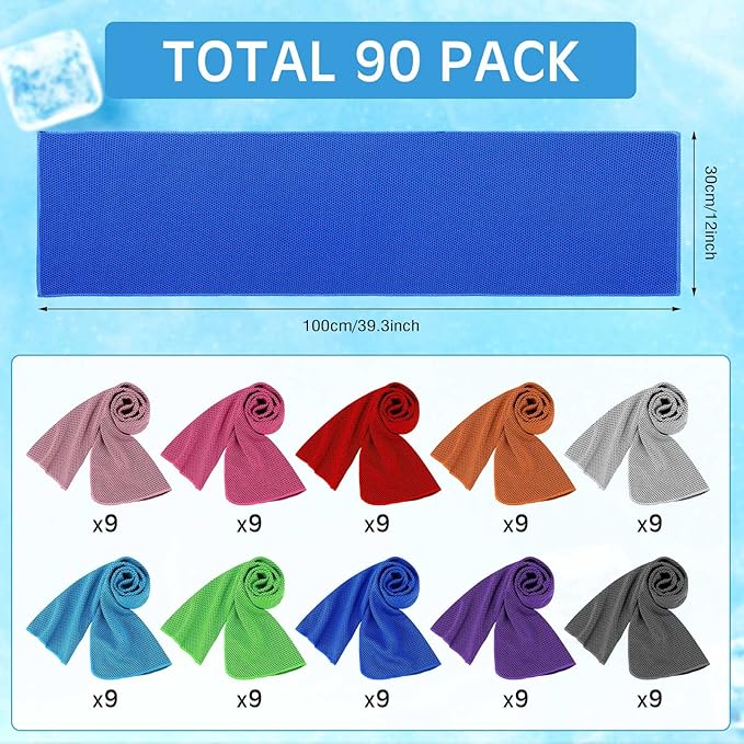 Redbaker 90 Pack Cooling Towels Bulk for Neck and Face 40" x 12" Ice Towel Multicolored Microfiber Cool Sweat Rag for Gym Workout Running Yoga Fitness Travel Outdoor Sports(Coloful)