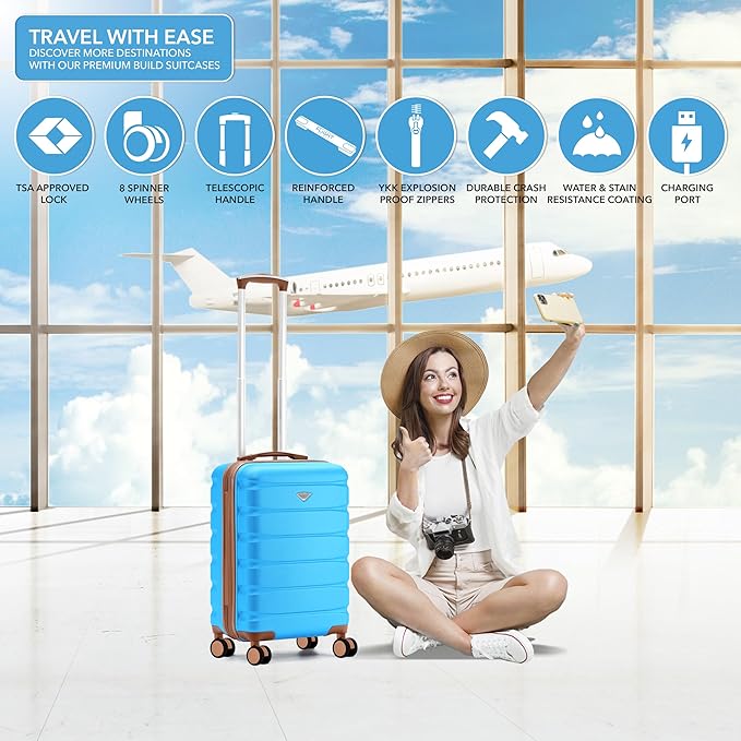 Flight Knight 21.5x15.5x9 Expandable Carry On Suitcase Hardside TSA Lock & USB C Port Lightweight Luggage Silent Double Spinner Wheels Maximum Canada Air Overhead Bag Airlines Approved Turquoise
