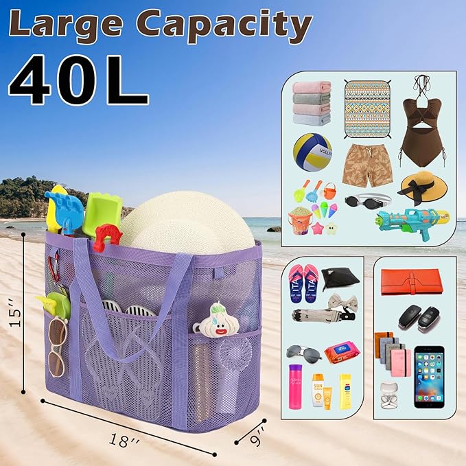 Mesh Beach Bag with Zipper, Large Beach Tote for Women, Toys Pool Swim Bag Travel Vacation Cruise Essentials
