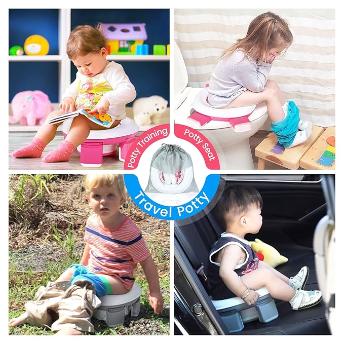 Orzbow Portable Potty Training Toilet, Travel Potty Seat for Toddler Boys Girls with Splash Guard, Potty Training Essentials, Foldable, Includes Free Travel Bag and 40 Liners, Indoor/Outdoor Use, Pink