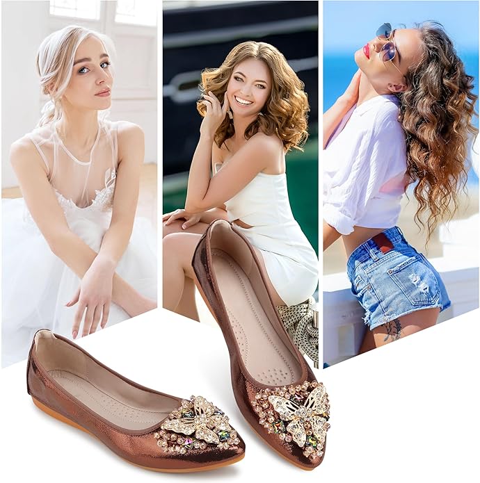 KUNWFNIX Women Ballet Flats Rhinestone Wedding Ballerina Shoes Foldable Sparkly Comfort Slip on Flat Shoes