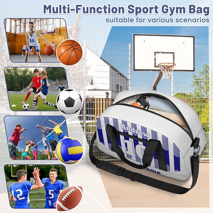 Basketball Soccer Gifts for Boys Girls - Custom Sports Duffle Bag, Personalized Name & Team Bag, Water-Resistant Gym Bag for Basketball, Soccer, Volleyball | Y-Navy White