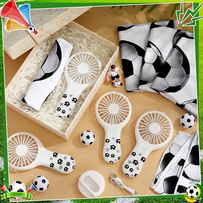 Woanger 24 Pcs Soccer Cooling Towels and Fans Sets Mini Handheld Fans Bulk 3 Speeds USB Lash Towel for Soccer Gifts for Sporting Team Games Party Favor