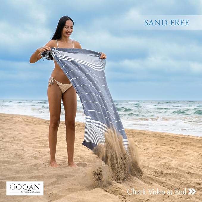 GOQAN Turkish Beach Towel Oversized 39x71 | Thin, Lightweight, 100% Cotton and Sand Free Towel is Suitable for Beach, Bathroom, Pool, Travel & Swim - Dark Grey