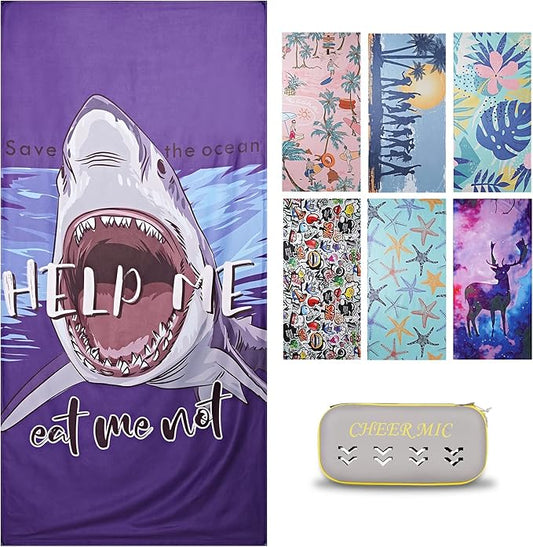 Microfiber Beach Towels: Quick Dry, Sand Free, Compact,Absorbent & Perfect for Travel - Oversized, Lightweight & Quick Drying for Adults(Shark, 1)