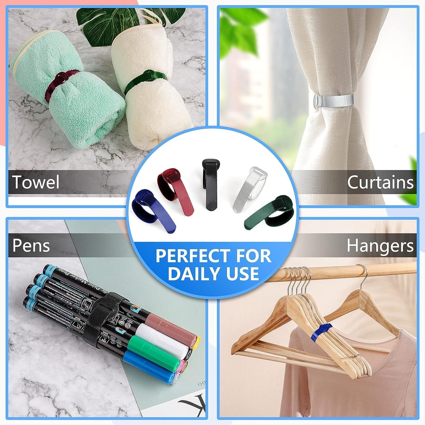 100 x Colourful Reusable Cable Ties, Cable Straps, Adjustable Cable Ties, Strong Hook and Loop Cable Straps with Buckle for TV Cables, PC Cables and Desk Organisation