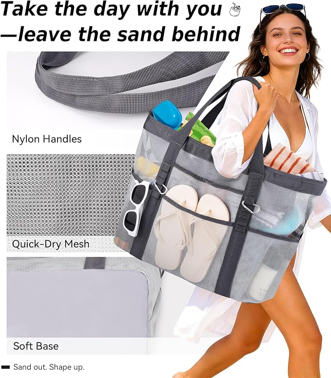 2026 Chic & Spacious XX-Large Beach Bag for Women — Mesh × Canvas Tote with Top Zipper, 11 Pockets, Detachable Pouch | 40L+ Spacious, 11 Tall Pockets, Zipper Pouch, Secure Zip-Top, Sand-Resistant Base