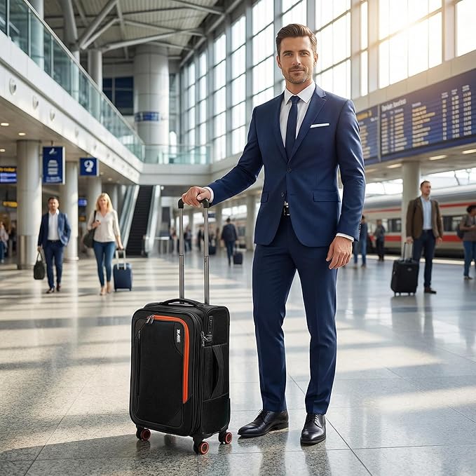 22 inch Carry on Luggage,Softside Suitcase w/TSA LOCK,Expandable 20% Luggage w/Spinner Wheels, Tear-Resistant,Lightweight Rolling Suitcases for Men/Women（Black,22in）