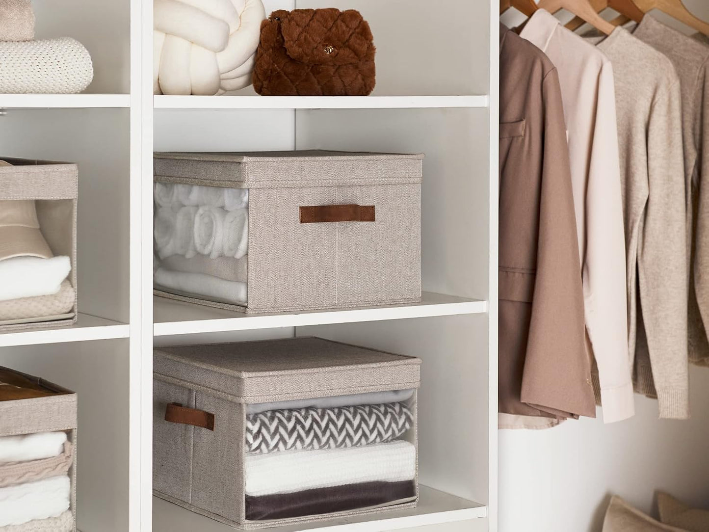 StorageWorks Storage Bins with Lid and Clear Window, Fabric Storage Boxes with Lids, Stackable Basket for Shelves, Closet Organizer and Storage Bins, Brown and Beige, Large, 4-Pack