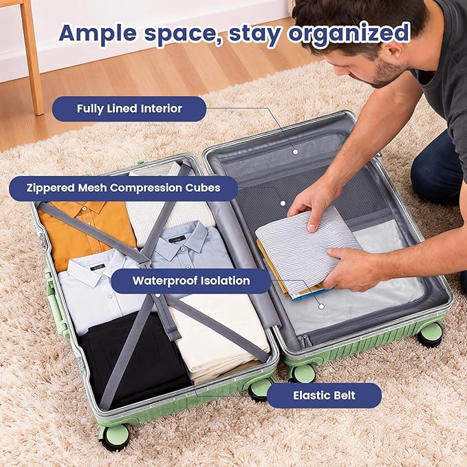 20 Inch Carry On Suitcase, Aluminum Frame Zipperless Hard Shell Luggage with Spinner Wheels, TSA Lock, USB Charging Port, Phone Holder, Cup Holder for Business Travel and Trips, Fruit Green