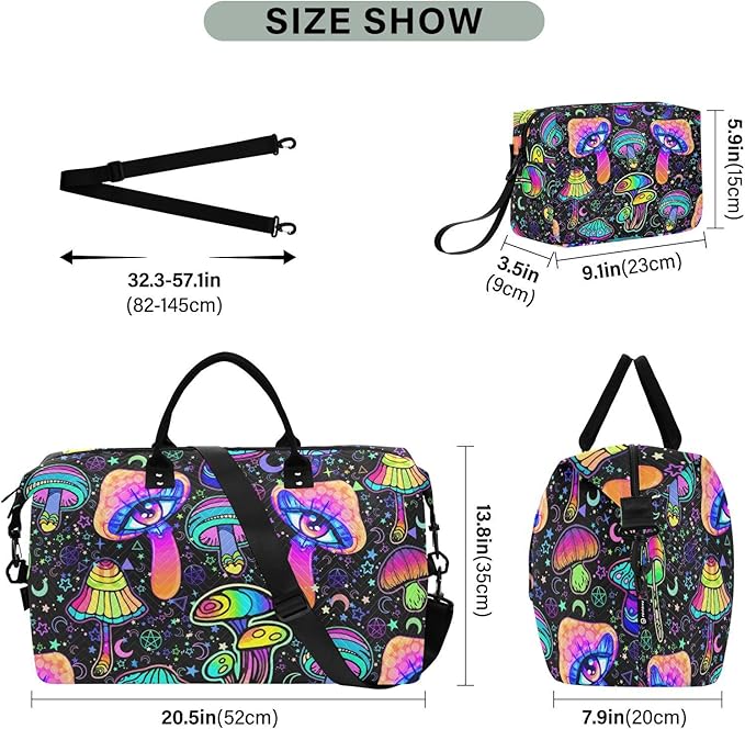Magic Mushrooms Quilted Travel Bags Weekender Duffle Bags With Toiletry Bag Carry on Overnight Duffels Yoga Gym Bag for Airplanes Business Sports